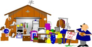 Drawing of man in front of garage with items spilling into the front yard for a sale.