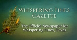 Whispering Pines Gazette. The Official Newspaper of Whispering Pines, TX. Pine cone on green background.