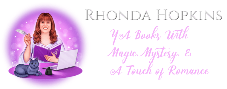 Rhonda Hopkins. YA books with magic, mystery, and a touch of romance. Image shows illustrated image of Rhonda sitting behind a desk which holds a Russian Blue cat, laptop and ink pot. Rhonda is holding a grimoire and quill.