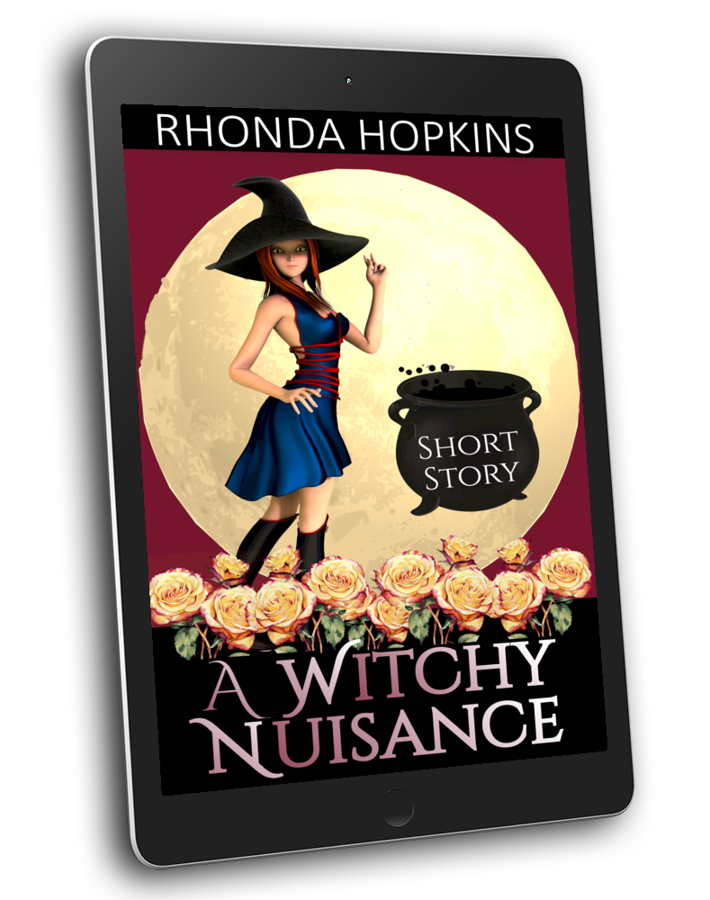 A Witchy Nuisance Short Story. Teen witch with a cauldron standing in front of a full moon and in a garden of yellow roses with red trim