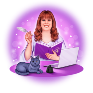 Rhonda Hopkins. YA books with magic, mystery, and a touch of romance. Image shows illustrated image of Rhonda sitting behind a desk which holds a Russian Blue cat, laptop and ink pot. Rhonda is holding a grimoire and quill.
