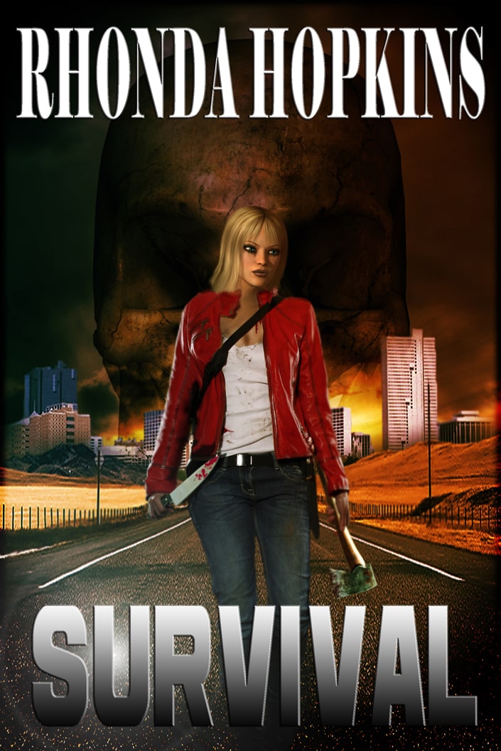 Survival by Rhonda Hopkins. Young woman standing on a highway in front of city in flames. She's armed with a machete and large knife.