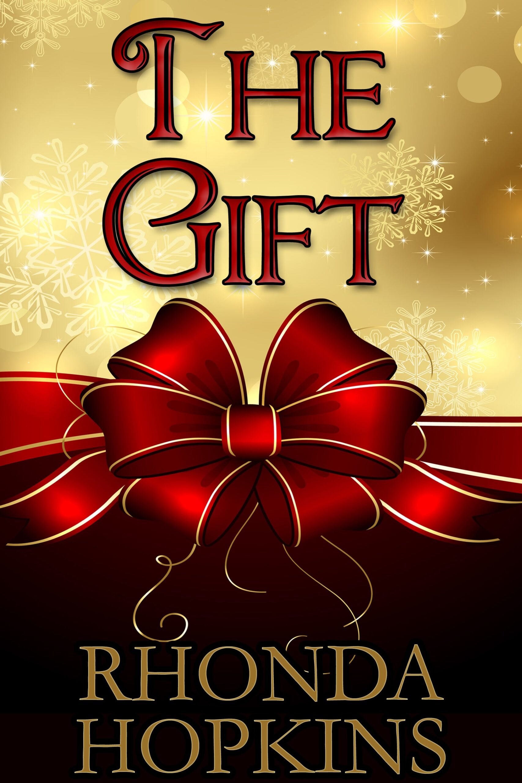 The Gift by Rhonda Hopkins. A large burgandy bow on a background of gold