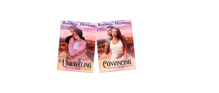 Two covers for the Becoming Me Duology by Rhonda Hopkins. Unraveling Me and Convincing Me. Each cover has a young couple embracing on a pier.
