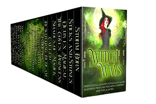 Witch Ways, multi author box set. Book cover is vibrant green with a a young female witch.
