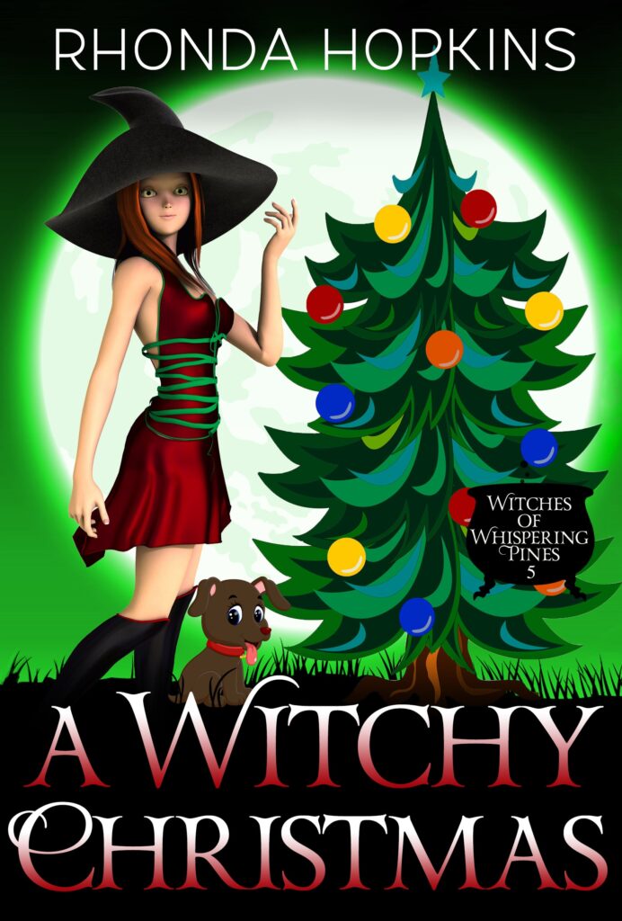 A Witchy Christmas by Rhonda Hopkins. Teen female in cute dress and witches hat beside a tree and chocolate lab puppy by her feet.
