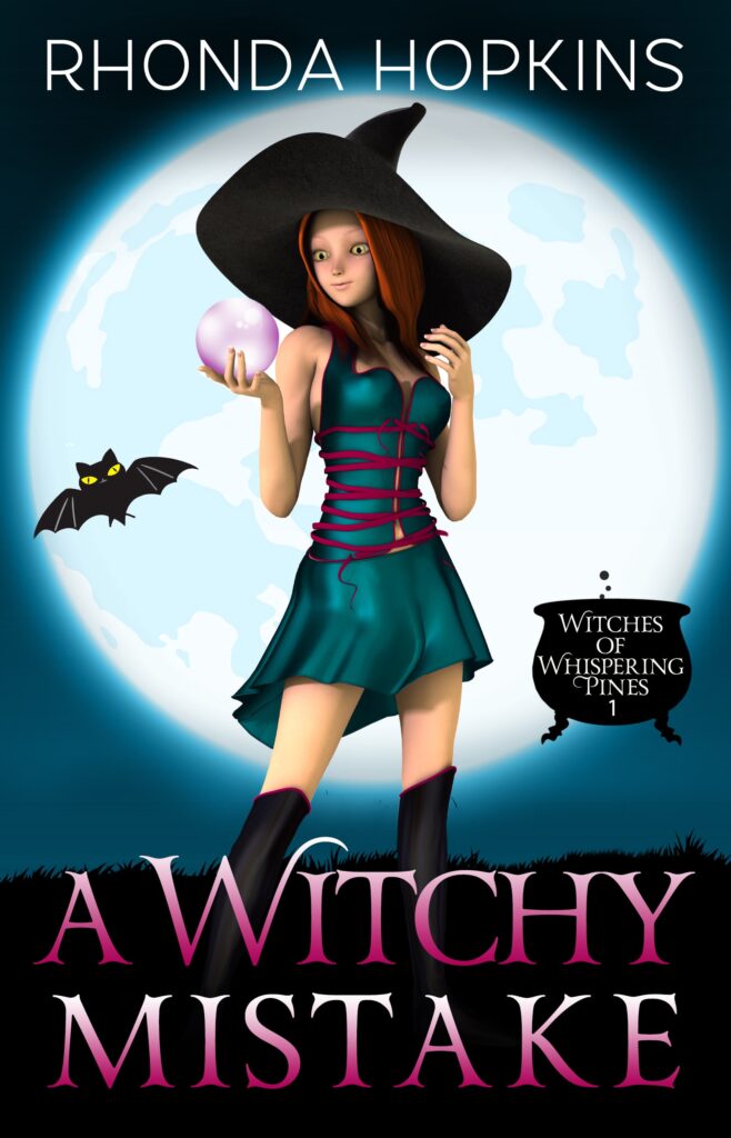 A Witchy Mistake by Rhonda Hopkins. There's a teen girl in a cute turquoise dress, black boots, and a witch's hat standing in front of a large moon on a turquoise background. There's a bat flying on the left and a cauldron on the right.