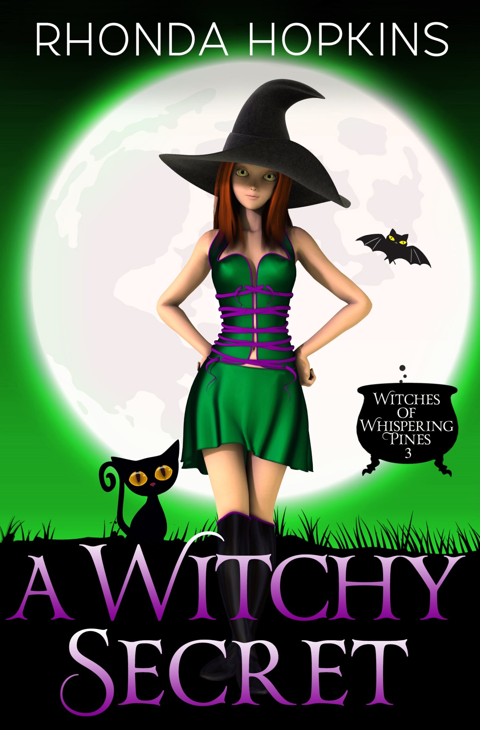 A Witchy Secret by Rhonda Hopkins. There's a teen girl in a cute green dress, black boots, and a witch's hat standing in front of a large moon on a green background. There's a cute black kitten on the left and a cauldron on the right.