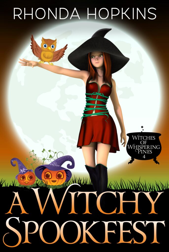 A Witchy Spookfest by Rhonda Hopkins. Teen female in cute dress and witch's hat with an owl on her arm and pumpkins beside her boots.