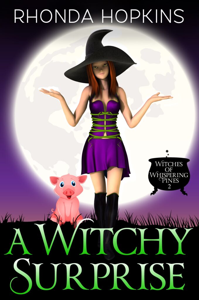 A Witchy Surprise by Rhonda Hopkins. There's a teen girl in a cute purple dress, black boots, and a witch's hat standing in front of a large moon on a purple background. There's a cute pink pig on the left and a cauldron on the right.