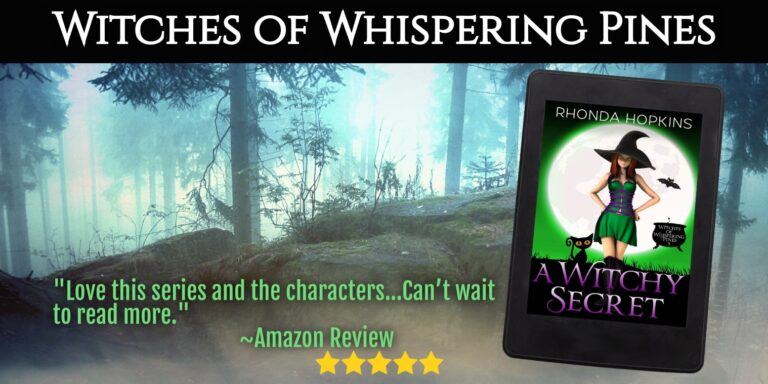 An eBook with A Witchy Secret book cover on a forest background and the text: Witches of Whispering Pines. "love this series and the characters...can't wait to read more." ~Amazon Review