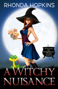 A Witchy Nuisance: A Witches of Whispering Pines Prequel by Rhonda Hopkins. Illustrated book cover image has a teen female witch in cute blue dress and witches hat with black boots holding a bouquet of yellow roses edged in deep red standing in front of a full moon. A cauldron is on one side and a cute snake with its tongue sticking out is on the other.