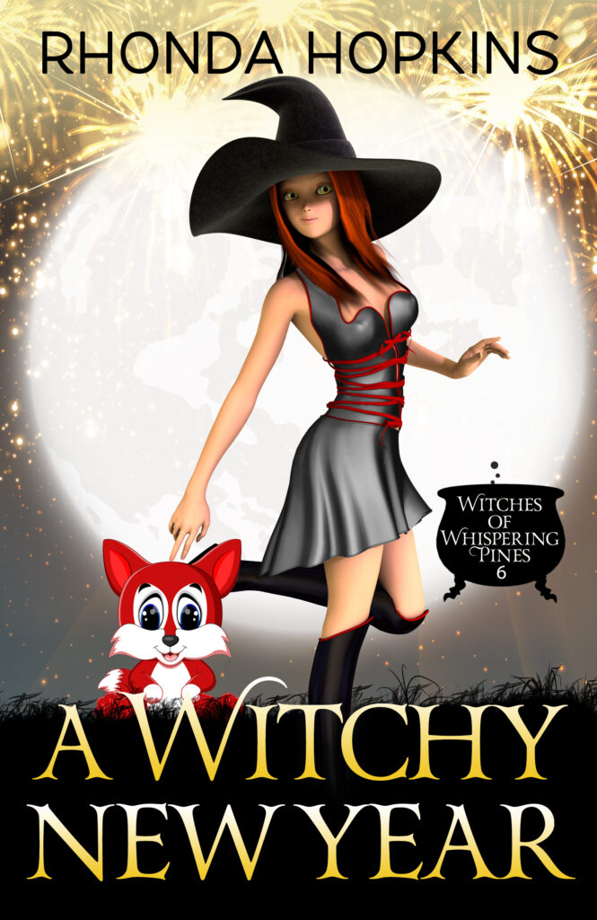 A Witchy New Year by Rhonda Hopkins. Image shows a teen girl in a cute silver dress, black boots, and a witch's hat standing in front of a large moon. There's a cute red wolf on the left and a cauldron on the right. Fireworks adorn the top of the cover.