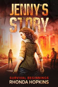 Jenny's Story: Survival Beginnings. Back of teen girl as she faces a horde of zombies in a ruined city.